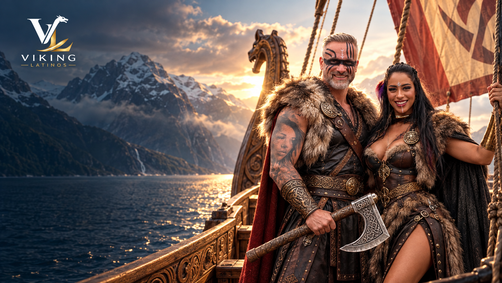 Narve y Paola, fundadores de Viking Latinos, en un barco vikingo en un fiordo noruego